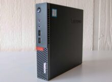 A Lenovo ThinkCentre Tiny in a vertical position